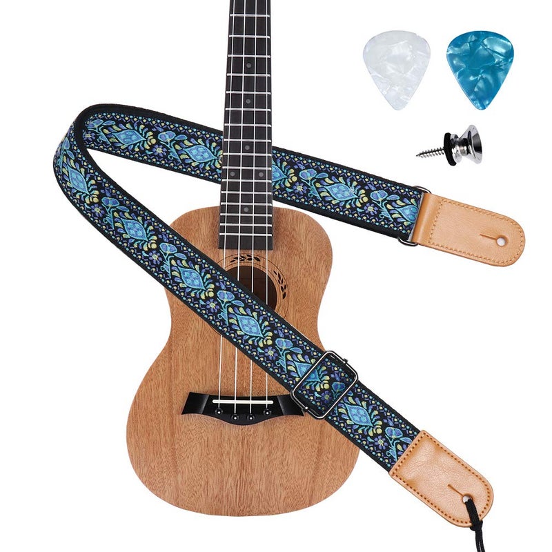 Eyeshot Ukulele Strap, Hawaiian Jacquard Blue Flower Ukelele Shoulder Strap, Suitable for Soprano Concert Tenor Baritone String Instruments - Image 2
